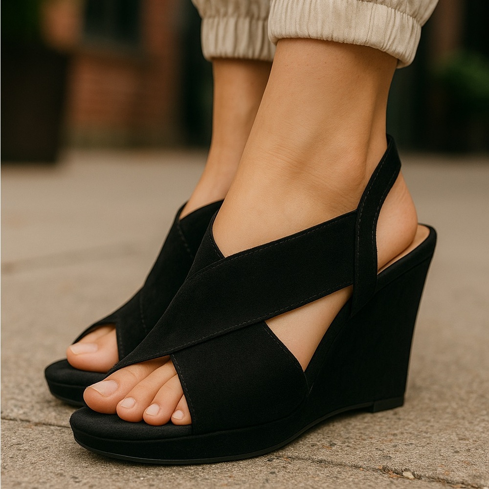 A.N.A Mindy Faux Black Suede Platform Wedge Sandals 6.5